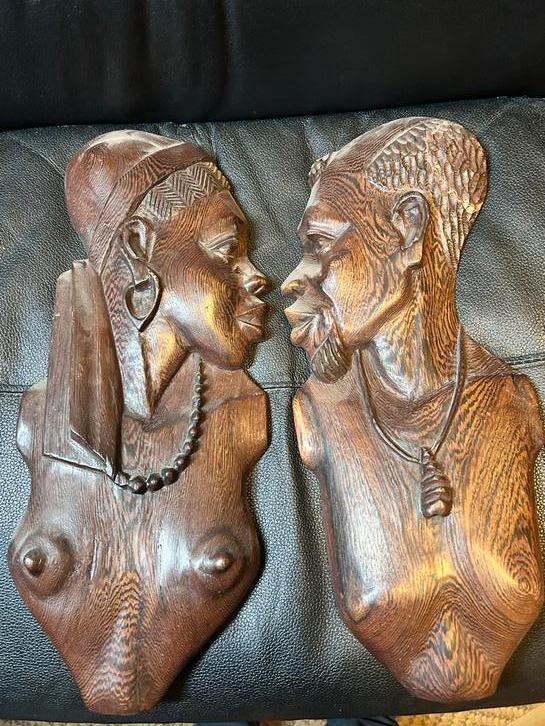 Houten Wanddecoratie Afrikaanse Gezichten, Antiek en Kunst, Kunst | Beelden en Houtsnijwerken, Ophalen of Verzenden