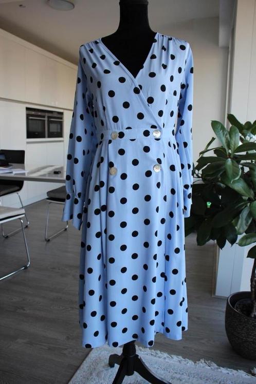 Elegante vintage polkadot-jurk;lichtblauw, zwarte stippen mt, Kleding | Dames, Jurken, Zo goed als nieuw, Maat 36 (S), Blauw, Onder de knie