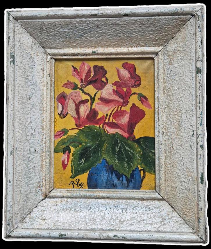 Oud bloemenschilderij olieverf op doek bloemen in lijst, Antiek en Kunst, Kunst | Schilderijen | Klassiek, Ophalen of Verzenden