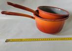 2 oranje emaille steelpannetje 1 met klokje, Ophalen of Verzenden