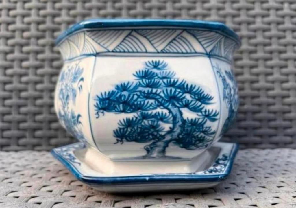 Bonsai pot + onderzetter blauw gedecoreerd porselein gemerkt, Tuin en Terras, Bloempotten, Overige materialen, Nieuw, Ophalen of Verzenden