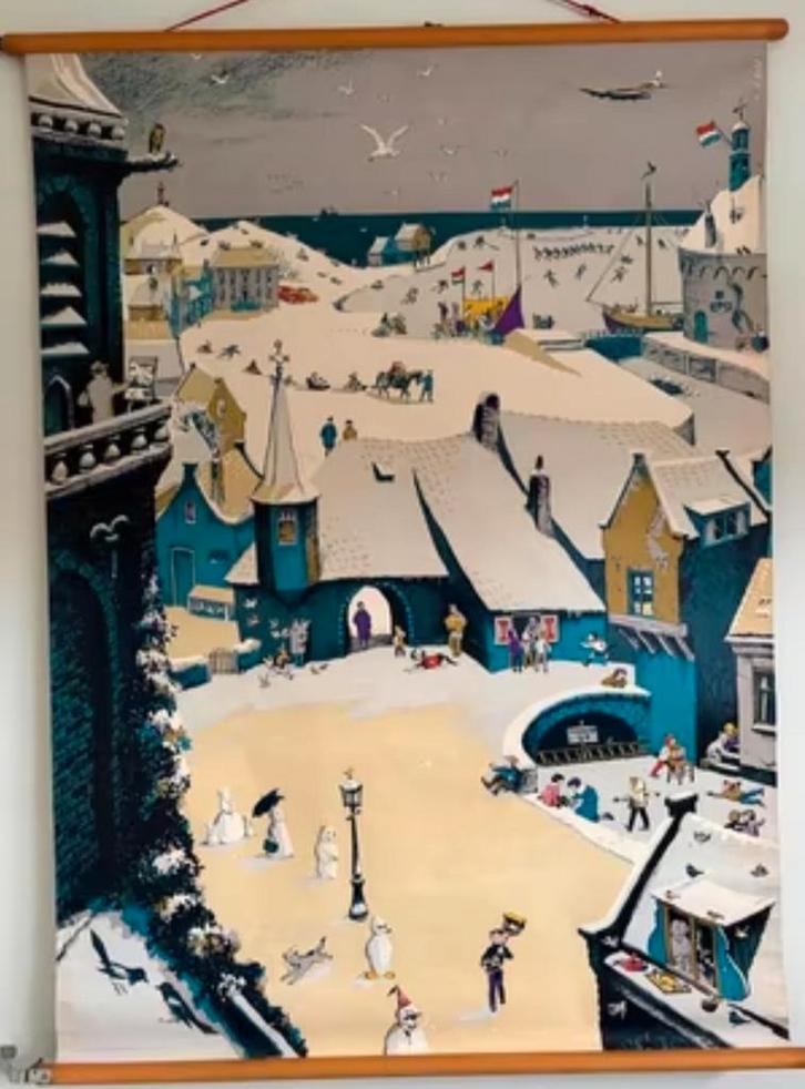 Oude schoolplaat "winter", incl boekje W.G. van der Hulst, Antiek en Kunst, Antiek | Schoolplaten, Ophalen