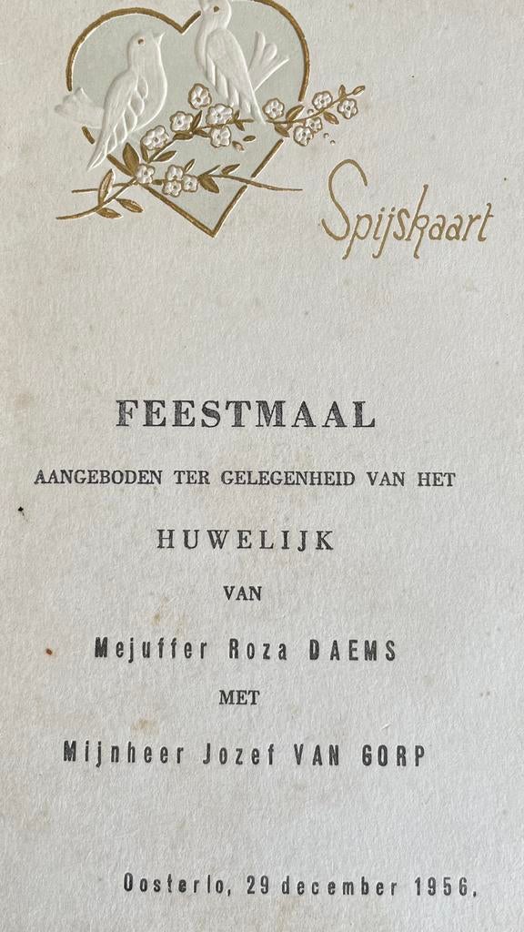 Spijskaart Huwelijk Roza Daems Jozef van Gorp 1956, Ophalen of Verzenden, 1940 tot 1960