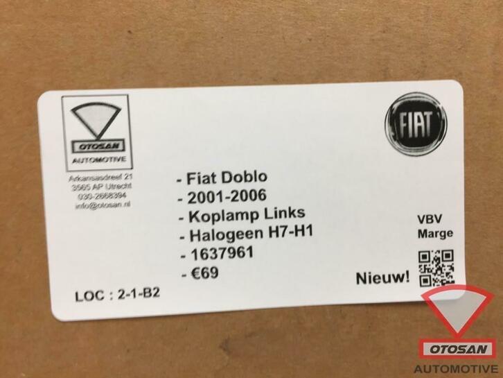 fiat doblo 2001 2006 koplamp links h7 h1 halogeen nieuw! 163, Auto-onderdelen, Stellantis Europe S.p.A., Nieuw, Ophalen of Verzenden