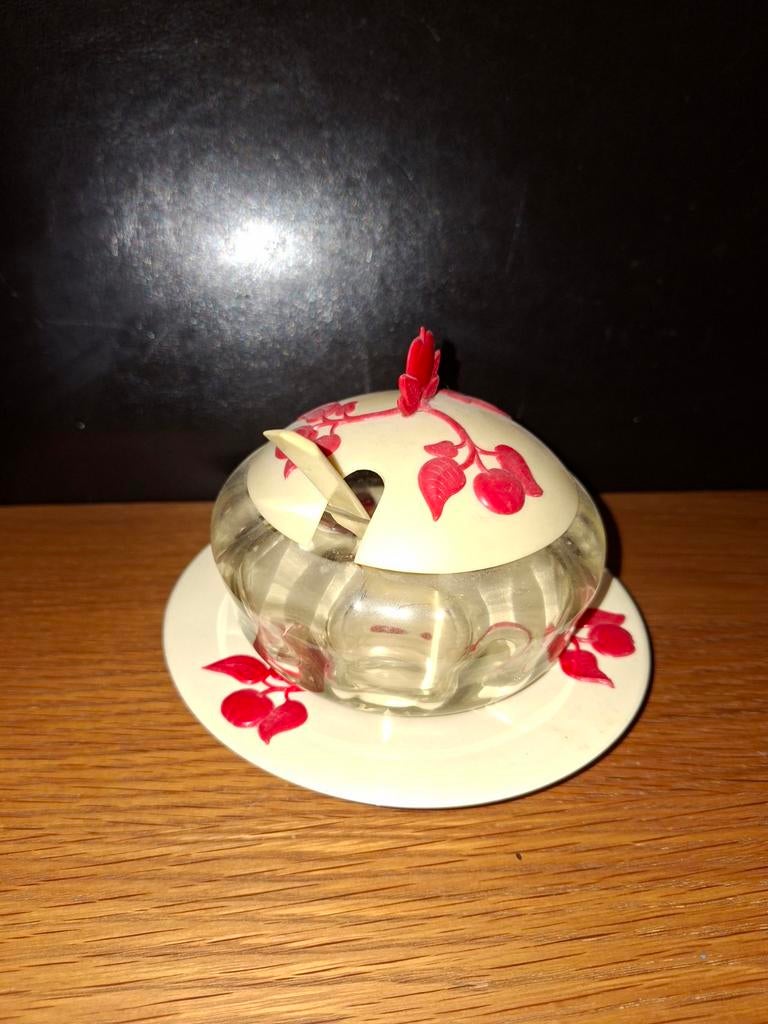 Vintage Suikerpotje met Lepel en Schoteltje - Rood Bloemen, Ophalen of Verzenden