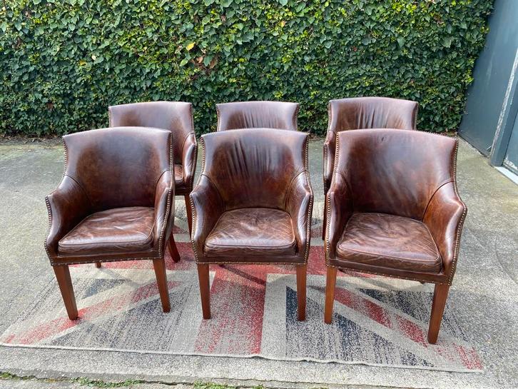 Ralph Lauren bruin leren generfde 6 x stoelen !!!, Huis en Inrichting, Stoelen, Gebruikt, Vijf, Zes of meer stoelen, Hout, Leer