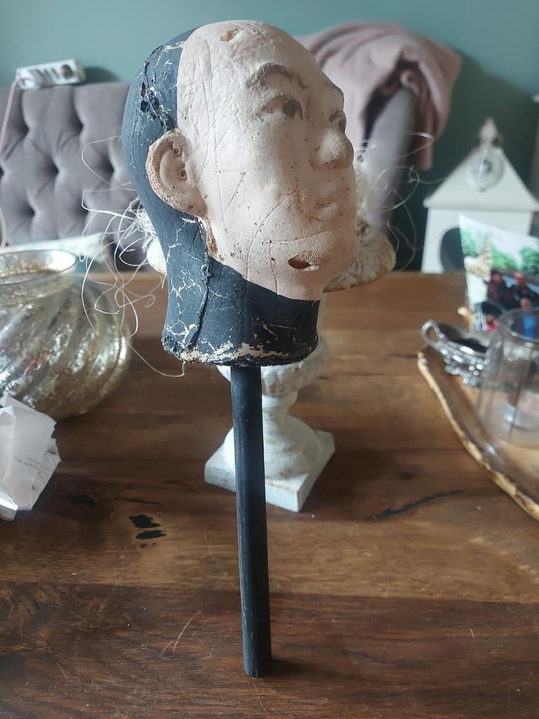 Bijzonder apart sleets Brocante hoofd/Marotte op stok, Antiek en Kunst, Curiosa en Brocante, Ophalen of Verzenden