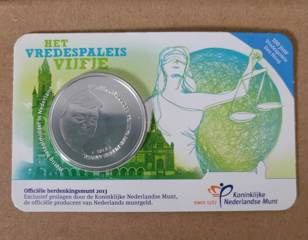 Het Vredespaleis Vijfje in verpakking, Ophalen of Verzenden, Koningin Beatrix, Euro's, Losse munt