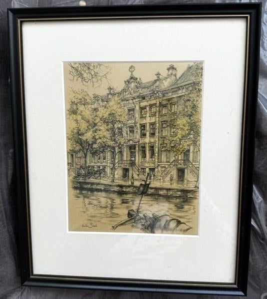 Anton Pieck ingelijste pentekening Amsterdams grachtenpand, Antiek en Kunst, Ophalen of Verzenden