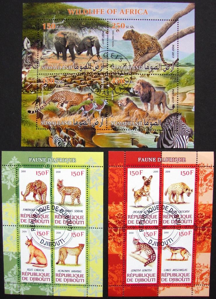 - 819 - 3 Blokken met veel dieren uit Afrika., Verzenden, Gestempeld, Dier of Natuur