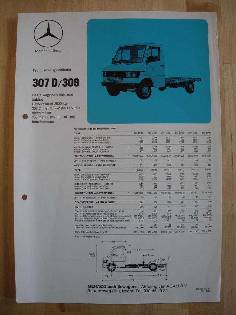 Mercedes 307 308 Technische Specificatie Brochure 1980 307D, Zo goed als nieuw, Mercedes-Benz, Mercedes, Ophalen of Verzenden