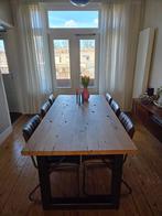 Eetkamerset: massief houten tafel met 6 stoelen, Ophalen, Gebruikt, Industrieel, Robuust, Modern, 6 tot 8 stoelen