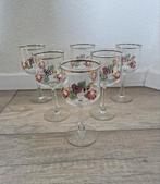 6 wijnglazen glazen bloemen vintage retro goud boho bohemian, Ophalen of Verzenden