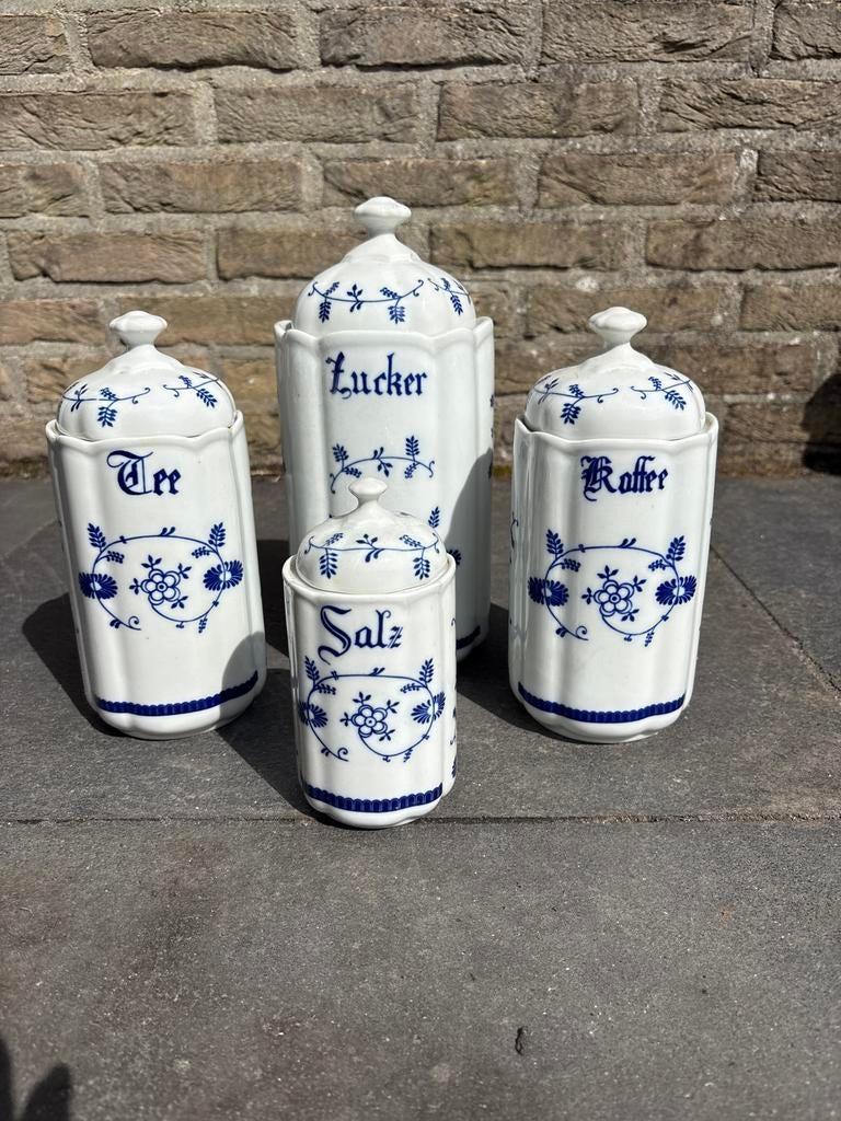 Vintage voorraadpotten set (4 stuks) - Blauw/Wit, Antiek en Kunst, Ophalen