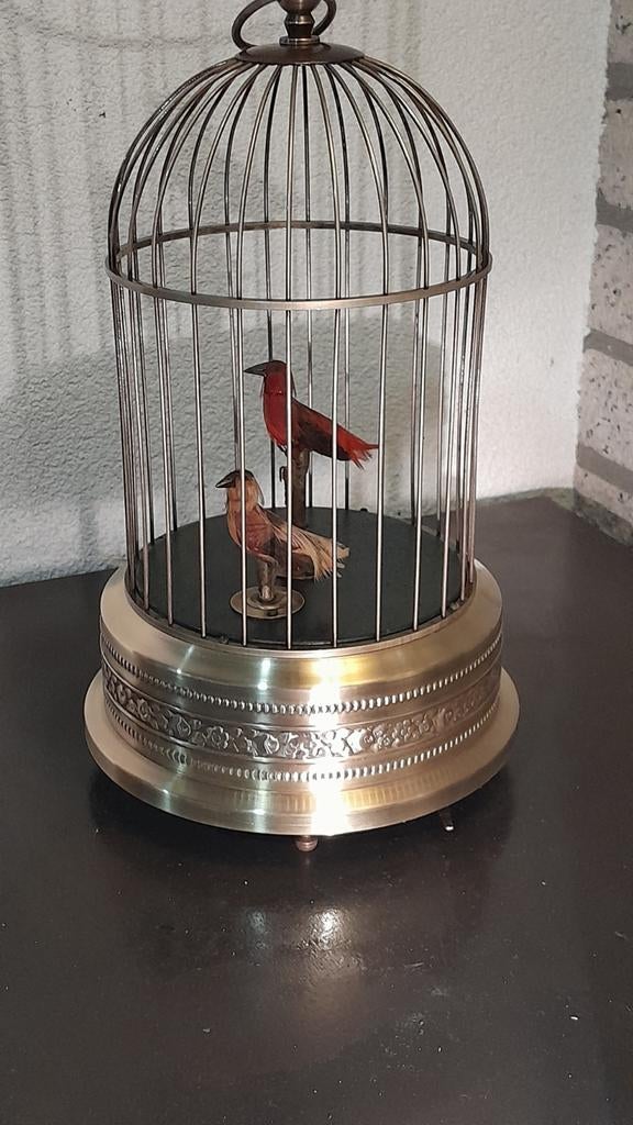 Vogelkooi met bewegende fluitende vogel van rond 1950, Ophalen of Verzenden, Brons
