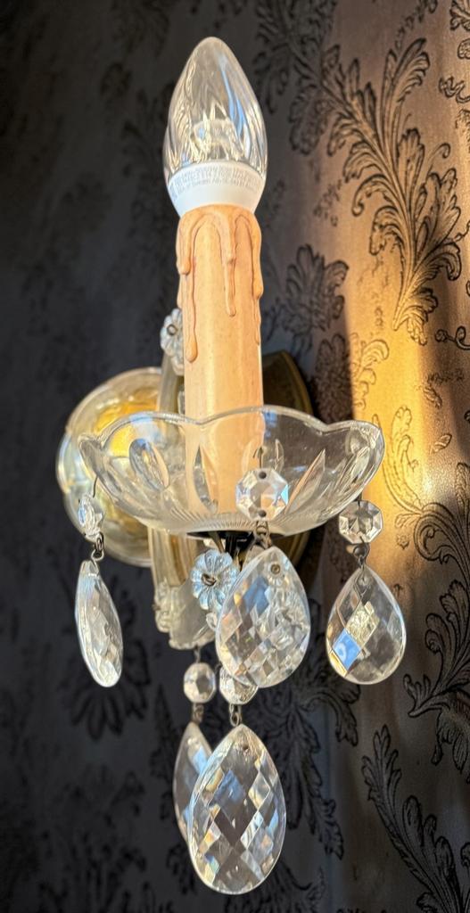 Set van twee antiek kristallen wandlampen, Huis en Inrichting, Lampen | Wandlampen, Ophalen of Verzenden, Gebruikt, Glas, Antiek design vintage style rgeency