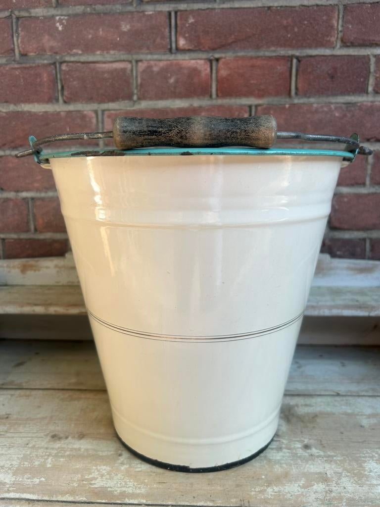 Creme emaille emmer met mingtroene rand, Ophalen of Verzenden