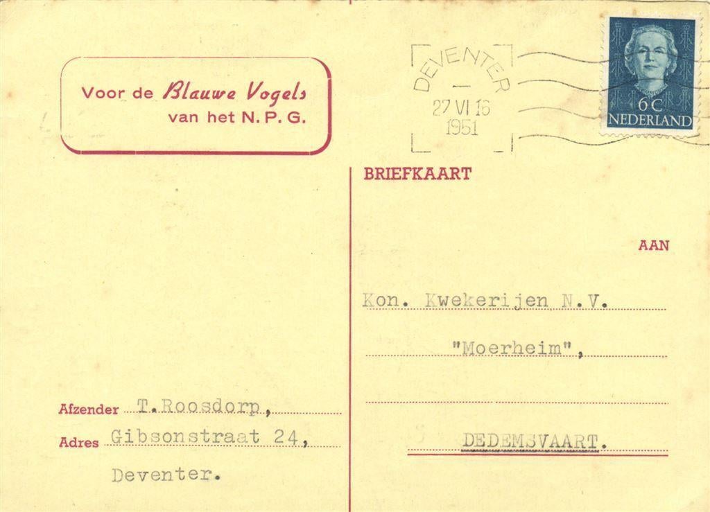 Blauwe Vogels van het N.P.G., Deventer - 06.1951 - briefkaar, Ophalen of Verzenden, Briefkaart
