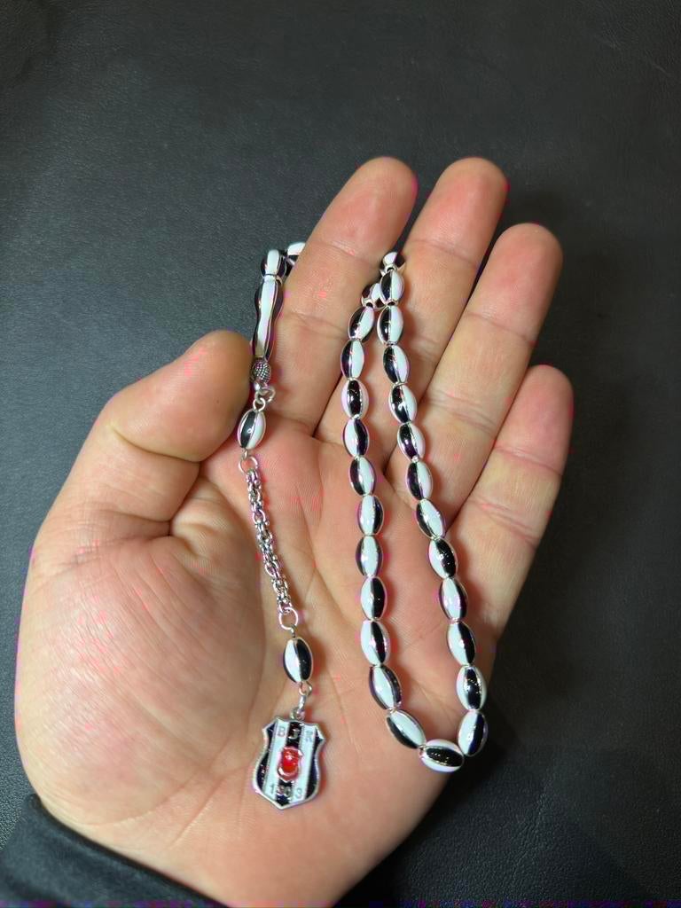 Besiktas tesbih gumus zilver krozenkrans ketting, Zwart, Nieuw, Ophalen of Verzenden, Met bedels of kralen
