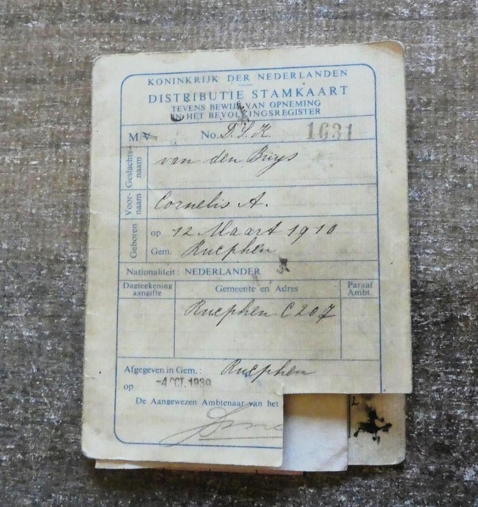 Distributie stamkaart Rucphen wo2 4 CCT 1939 Nr. 1631., Verzamelen, Militaria | Tweede Wereldoorlog, Ophalen of Verzenden, Overige soorten