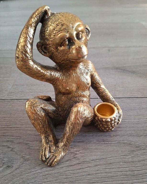 Gouden aap kaarshouder decoratie beeldje, Overige kleuren, Ophalen of Verzenden, Zo goed als nieuw, Metaal