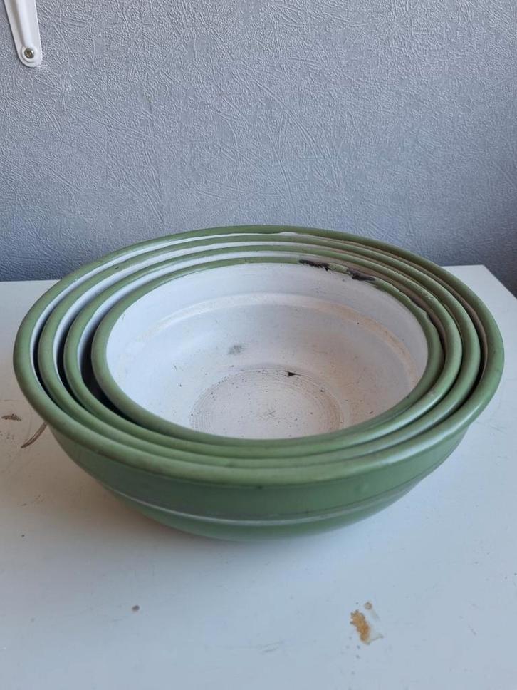 Vintage emaille schalen set van 4 - Groen/Wit, Antiek en Kunst, Antiek | Schalen, Ophalen of Verzenden
