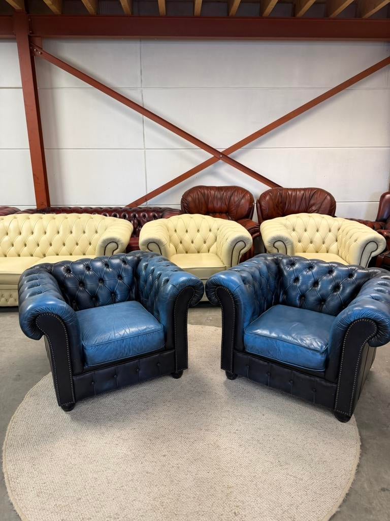 Chesterfield fauteuils stoelen club fauteuil jeans blauw, Huis en Inrichting, 2871SK, Klassieke, Zo goed als nieuw, 75 tot 100 cm