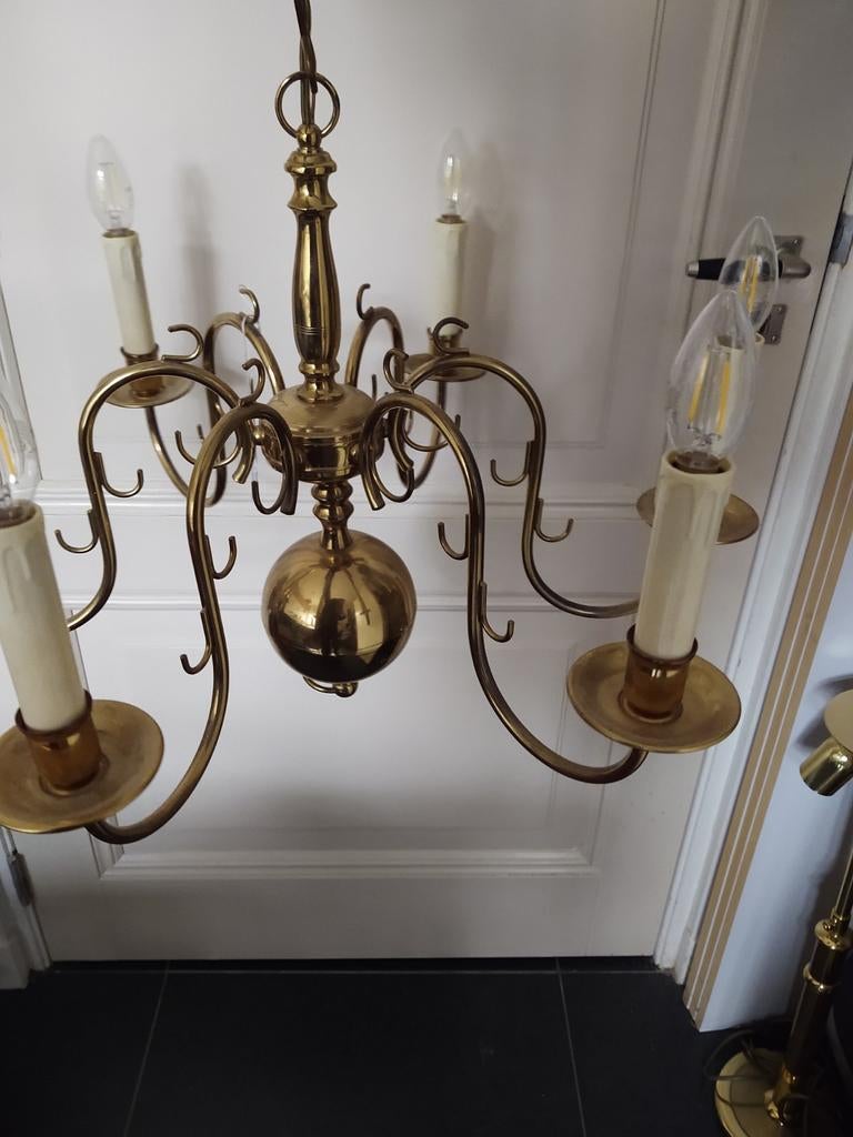 Geelkoper kroonluchter | 6-armige lamp | luster, Antiek, Gebruikt, ., Ophalen of Verzenden