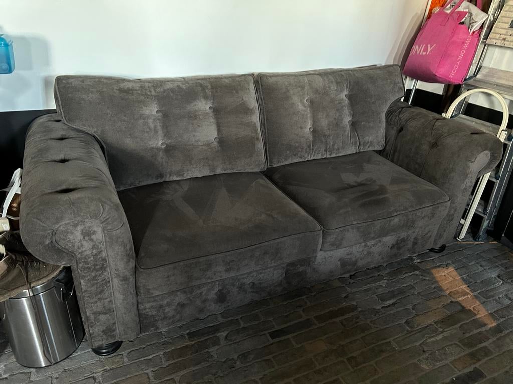 Comfortabele 2,5-zits bank in grijze stof, Ophalen, Gebruikt, Driepersoons, 75 tot 100 cm