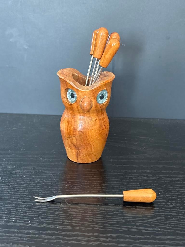 Houten uil met vorkjes, Hout, Ophalen of Verzenden, Bruin, Overige typen