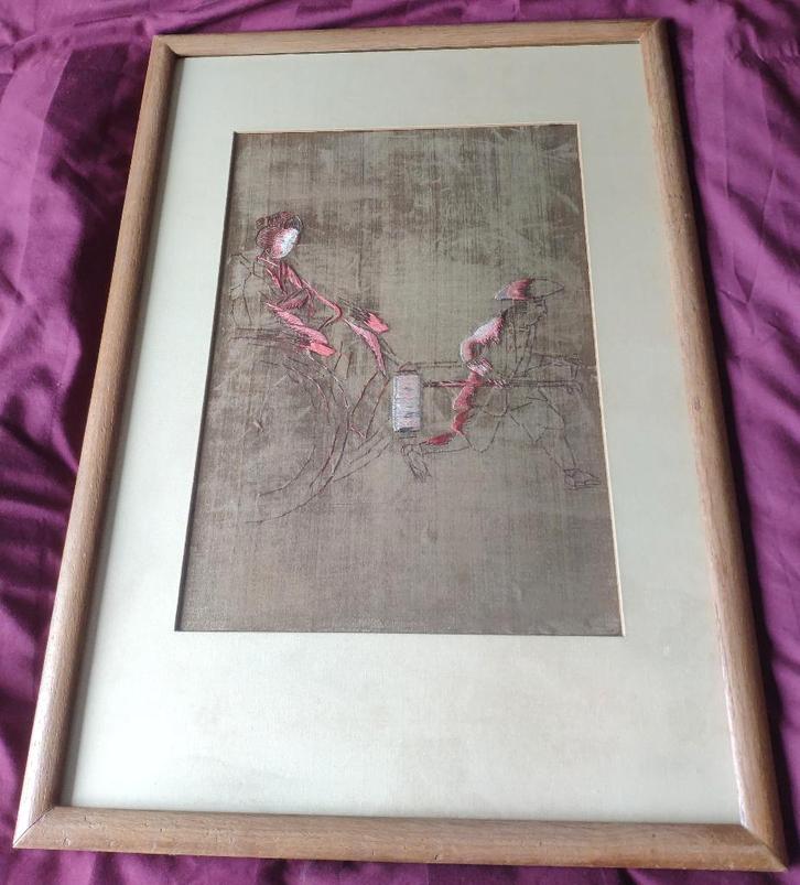 Antiek Japans traditioneel zijdekunst borduurwerk riksja, Antiek en Kunst, Kunst | Niet-Westerse kunst, Ophalen