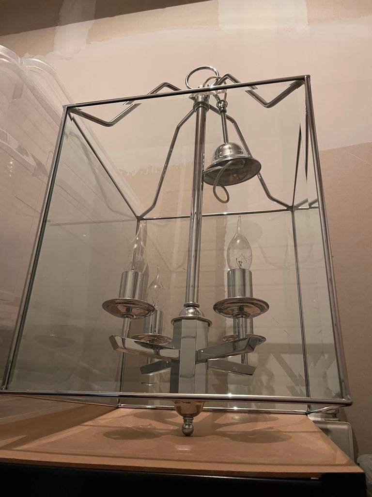 Straluma hanglamp met glazen kubus en chroom, Ophalen, Gebruikt, Glas, 50 tot 75 cm