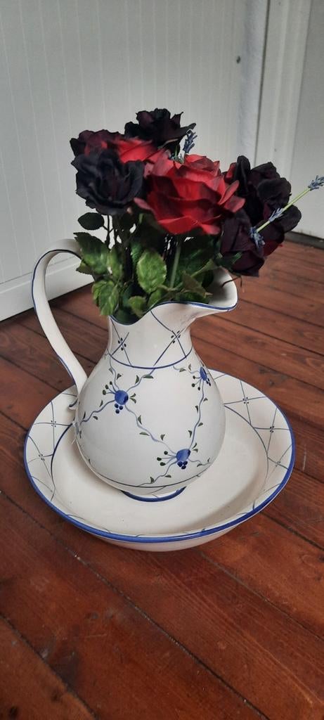 Vintage keramische kan en schaal set - Blauw/Wit, Antiek en Kunst, Ophalen