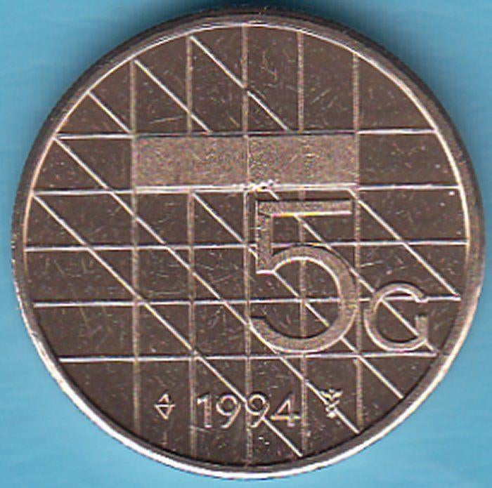 Nederland Vijfje (5 gulden) 1994 UNC in munthouder, Postzegels en Munten, Munten | Nederland, Ophalen of Verzenden, Koningin Beatrix