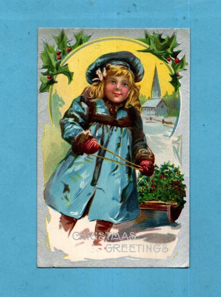 Pracht oude kerstkaart/reliéf M847 - Meisje met sleetje, Verzenden, Voor 1920, Ongelopen, Kinderen