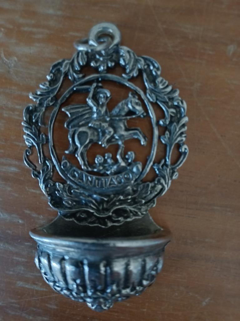 Vintage zilverkleurig wijwaterbakje Santiago de Compostela, Ophalen of Verzenden