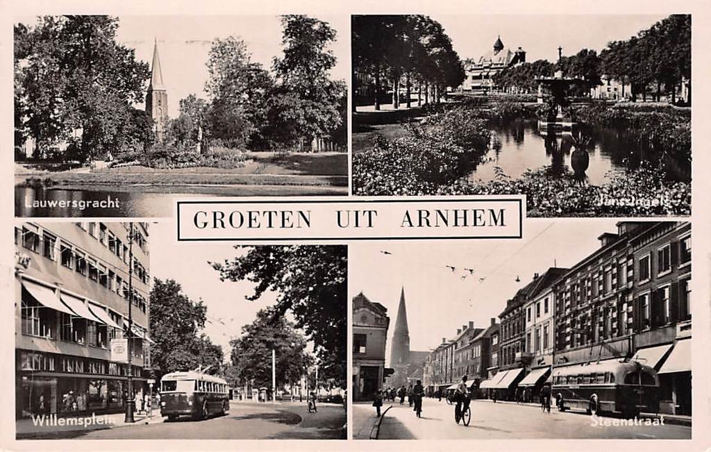 Arnhem Groeten uit Arnhem 4 luik, Ophalen of Verzenden, 1940 tot 1960, Gelopen, Gelderland