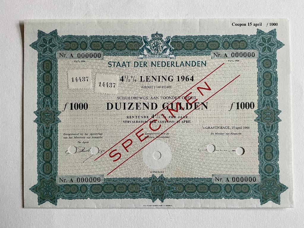 4½% Staatslening 1964, 1000 Gulden, Specimen, Postzegels en Munten, Aandelen en Waardepapieren, Ophalen of Verzenden, 1950 tot 1970