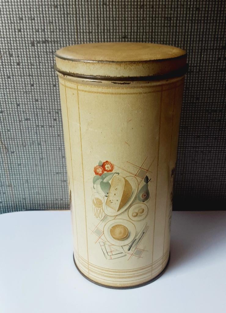 geel Hille beschuit blik met tekeningen, Verzamelen, Blikken, Ophalen of Verzenden, Gebruikt, Overige