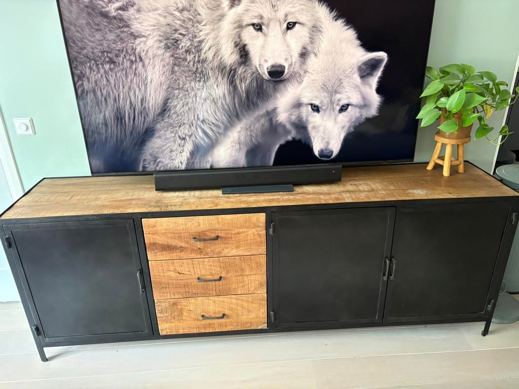 Industrieel dressoir massief mangohout / staal, Zo goed als nieuw, 200 cm of meer, Industreel, 25 tot 50 cm