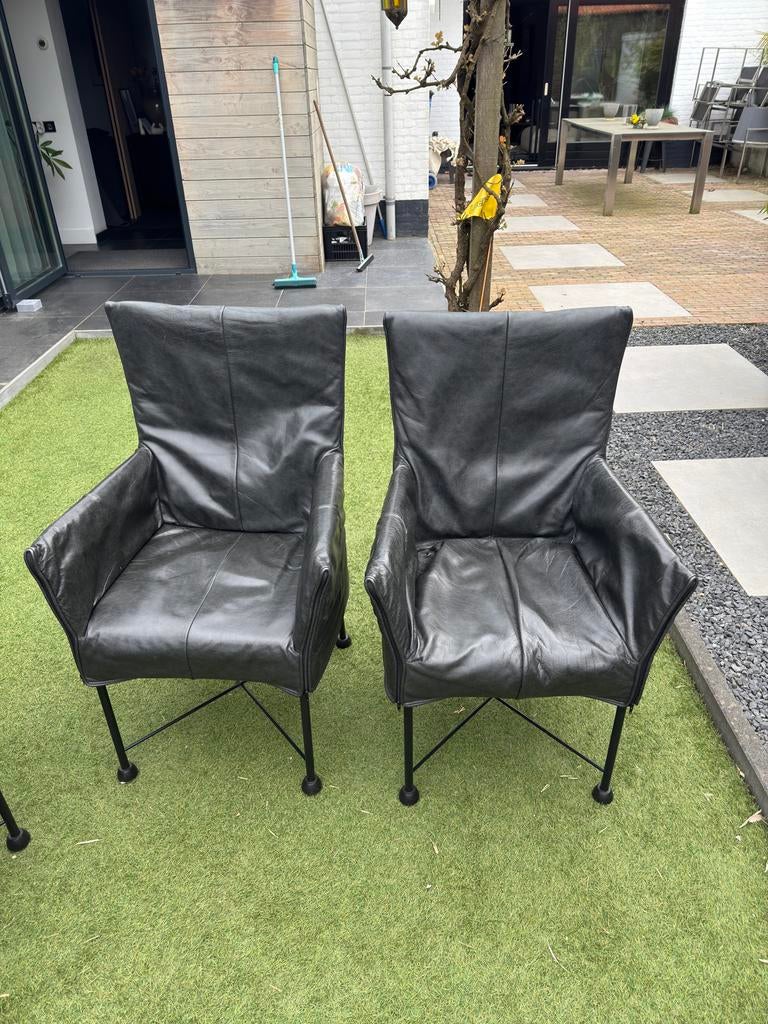 4 antraciet lederen eetstoelen, Huis en Inrichting, Stoelen, Ophalen, Gebruikt, Overige kleuren, Leer