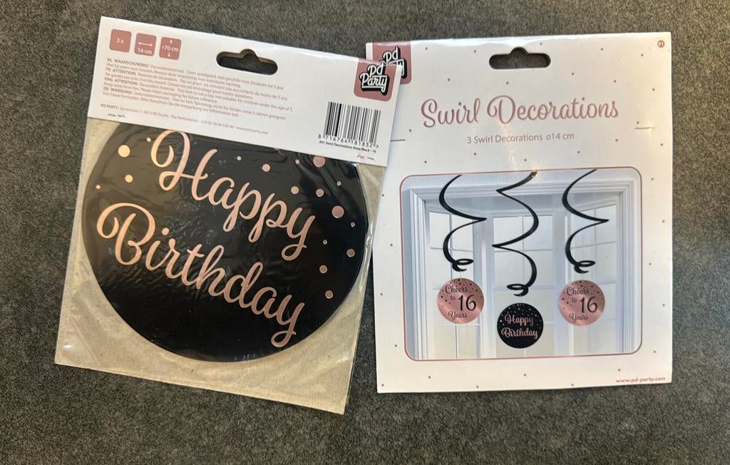 Hangdecoratie 16 Jaar Happy Birthday Zwart Roze, Hobby en Vrije tijd, Scrapbooking, Ophalen of Verzenden, Nieuw, Versiering of Embellishment