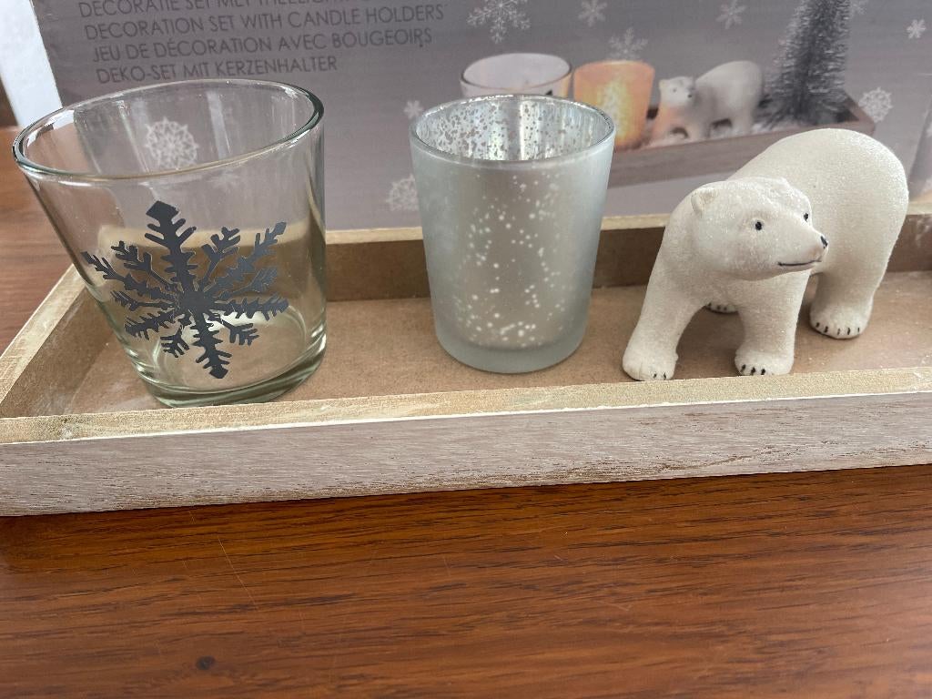 Kersttafereel Houten Dienblad met 2 Waxinelichtjes & IJsbeer, Ophalen of Verzenden, Zo goed als nieuw
