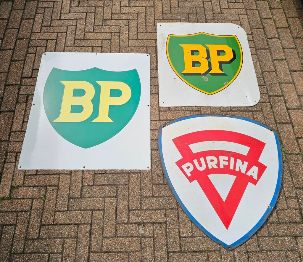 emaille reclamebord / borden BP Purfina, Verzamelen, Merken en Reclamevoorwerpen, Ophalen, Gebruikt, Reclamebord