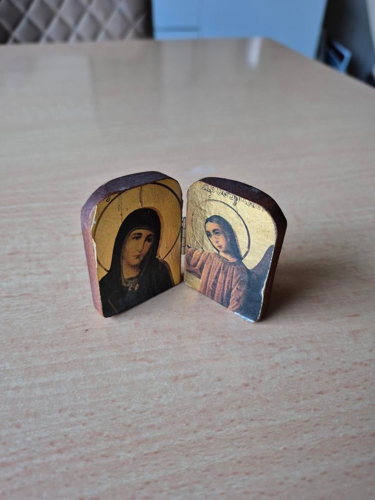 Houten icoon Maria en engel, Antiek en Kunst, Antiek | Religie, Ophalen of Verzenden