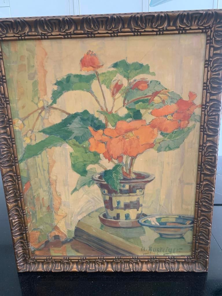 Schilderij stilleven met Begonia, gesigneerd A. Hasteiger, Antiek en Kunst, Kunst | Schilderijen | Klassiek, Ophalen of Verzenden