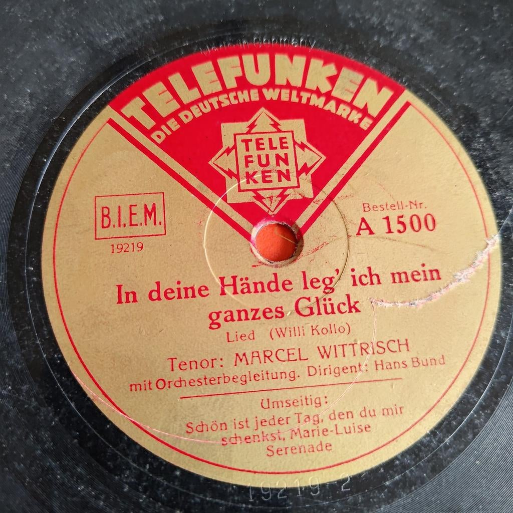 Telefunken Schellakplaat Marcel Wittrisch A 1500, Ophalen of Verzenden, Gebruikt, 10 inch