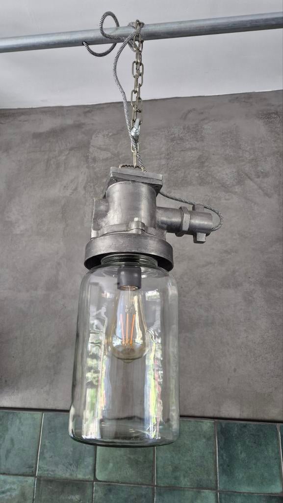 Industriële hanglampen met ophangsysteem, Huis en Inrichting, Ophalen, 50 tot 75 cm, Zo goed als nieuw, Glas
