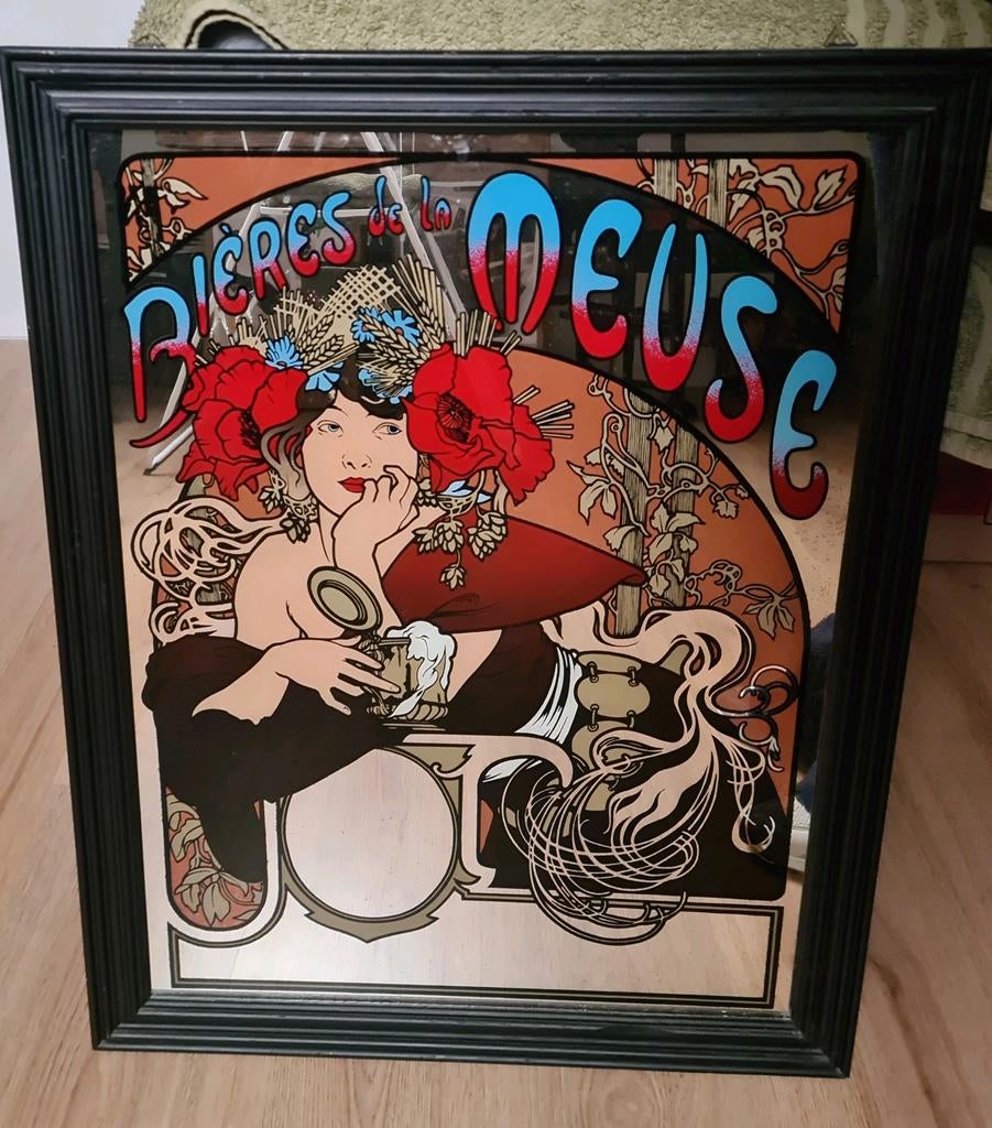 Art Nouveau (Jugendstil) spiegel - Dame Bières de la Meuse, Antiek en Kunst, Antiek | Spiegels, Ophalen, Rechthoekig