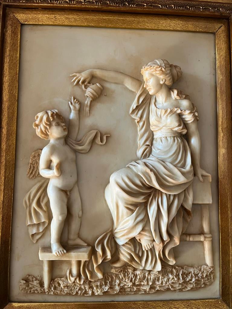 Antiek speksteen reliëf in vergulde lijst - Klassieke scène, Ophalen, Handgemaakt, Wanddecoratie, 20 - 50 cm